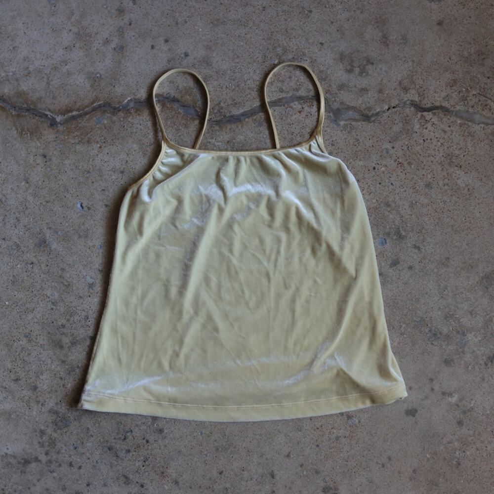 Vintage 90s Butter Yellow Velvet Cami Tank Top Y2K Minimalist Satin Trim L